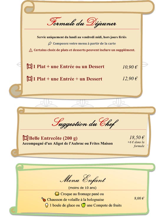 Menu formules, plancha et enfants