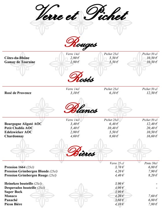 Carte des verres, pichets, bières